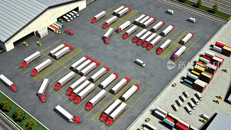 Semi-truck trailers on the parking lot of a large warehouse. Logistics, supply chain and transportation concept